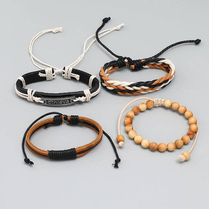 Simple Handmade Wooden Bead Braided Leather Bracelet Set of Four Bracelets