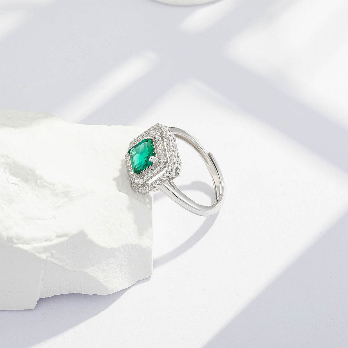 White Gold S925 Square Cut Emerald Halo Signet Ring