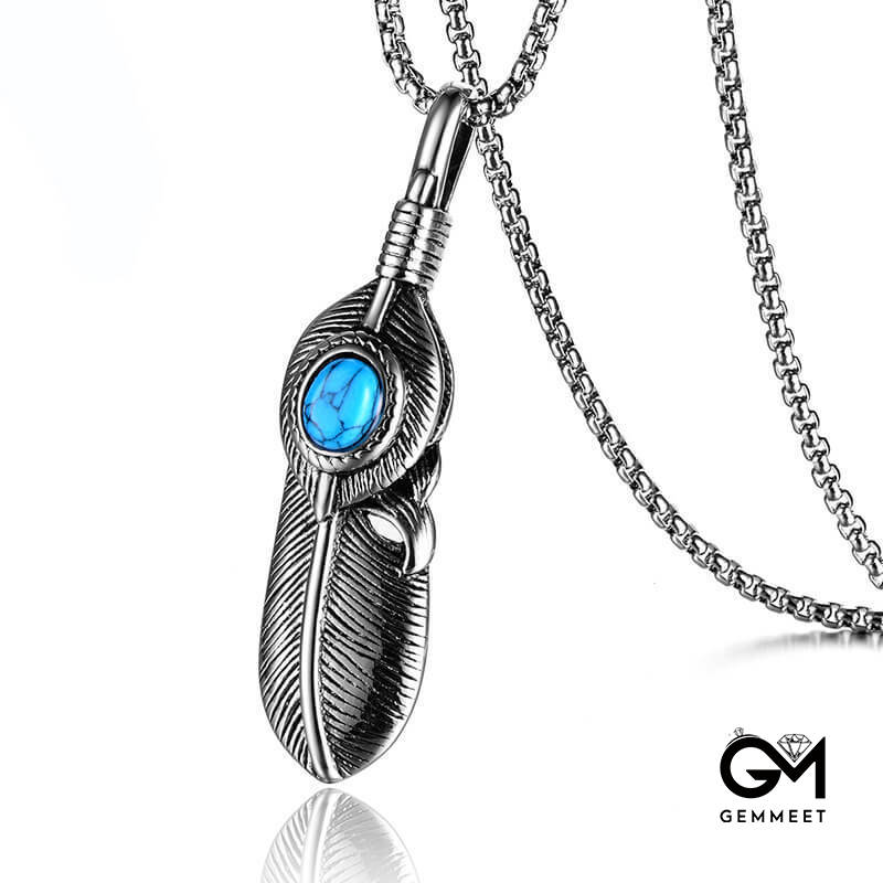 Stainless Steel Feather Turquoise Pendant Necklace