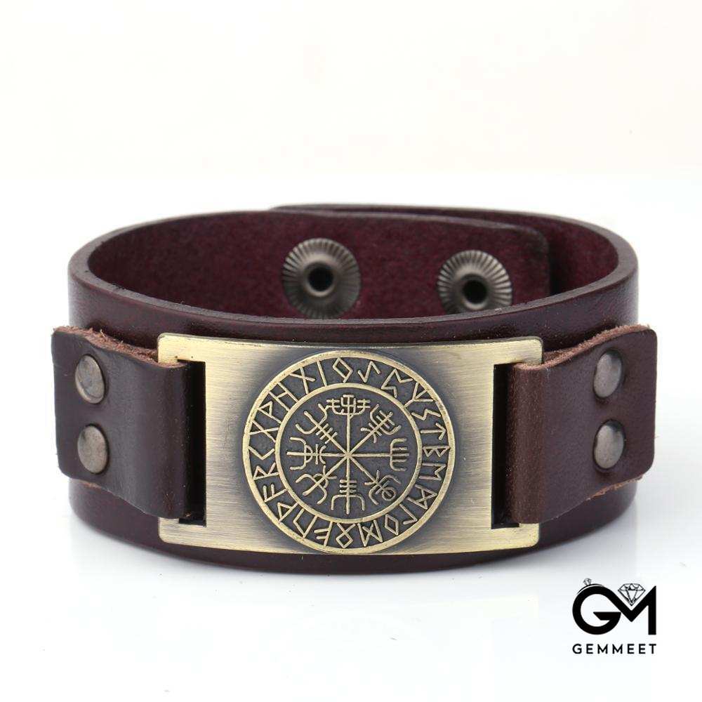 Wide Leather Odin Compass Bracelet