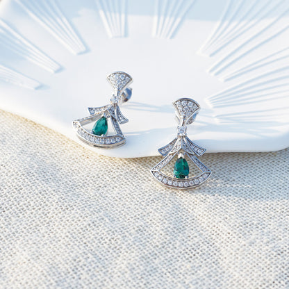 White Gold Green Gem Skirt Shape Drop Earrings