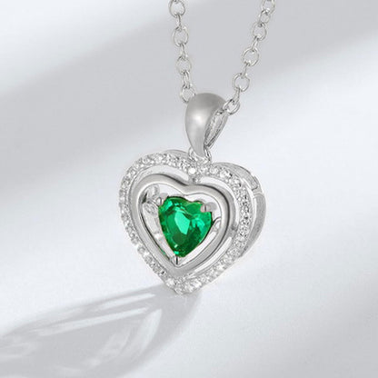 White Gold Halo Heart Beating Emerald Pendant Chain