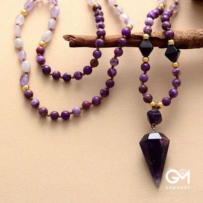 Purple Jade Amethyst  Beaded Mala Necklace