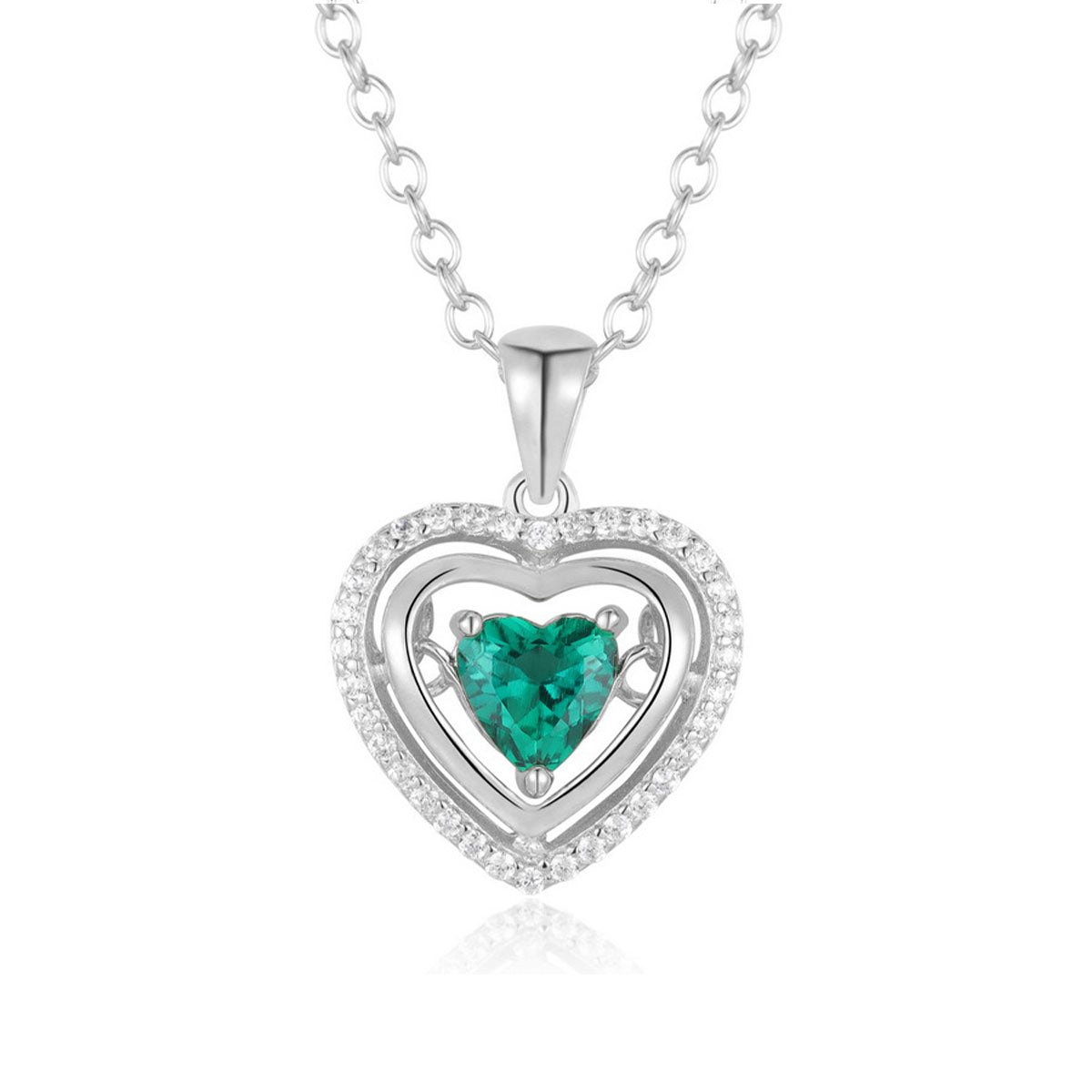 White Gold Halo Heart Beating Emerald Pendant Chain