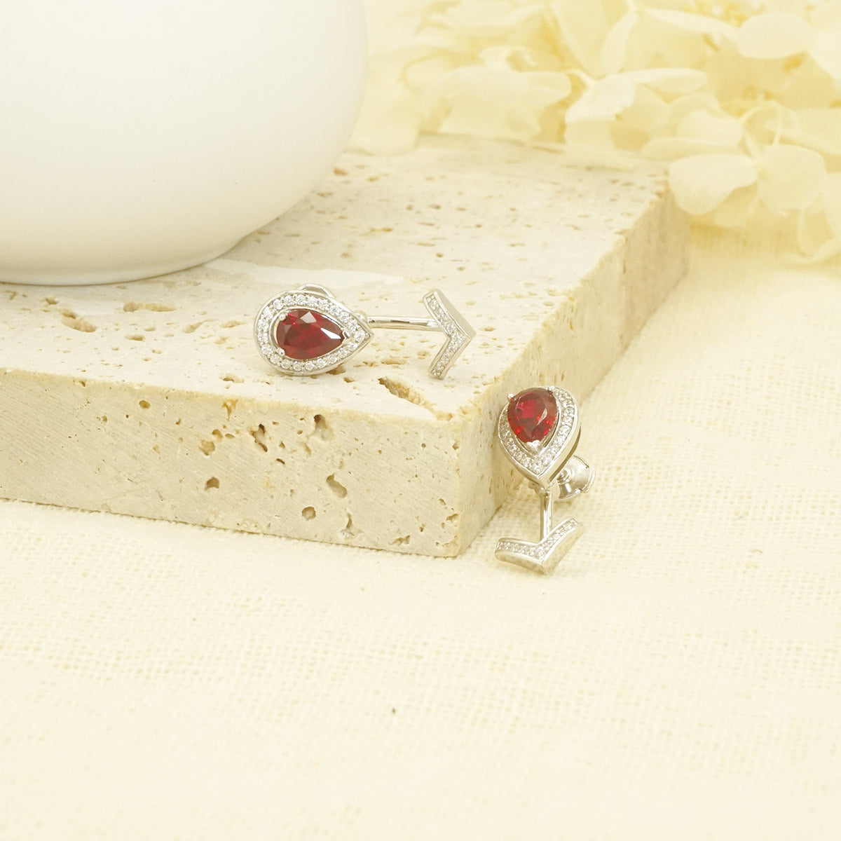 White Gold Pear Ruby Gem Arrow Shape Drop Earrings