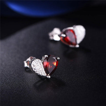 White Gold Half Design Ruby Gem Heart Shape Stud Earrings