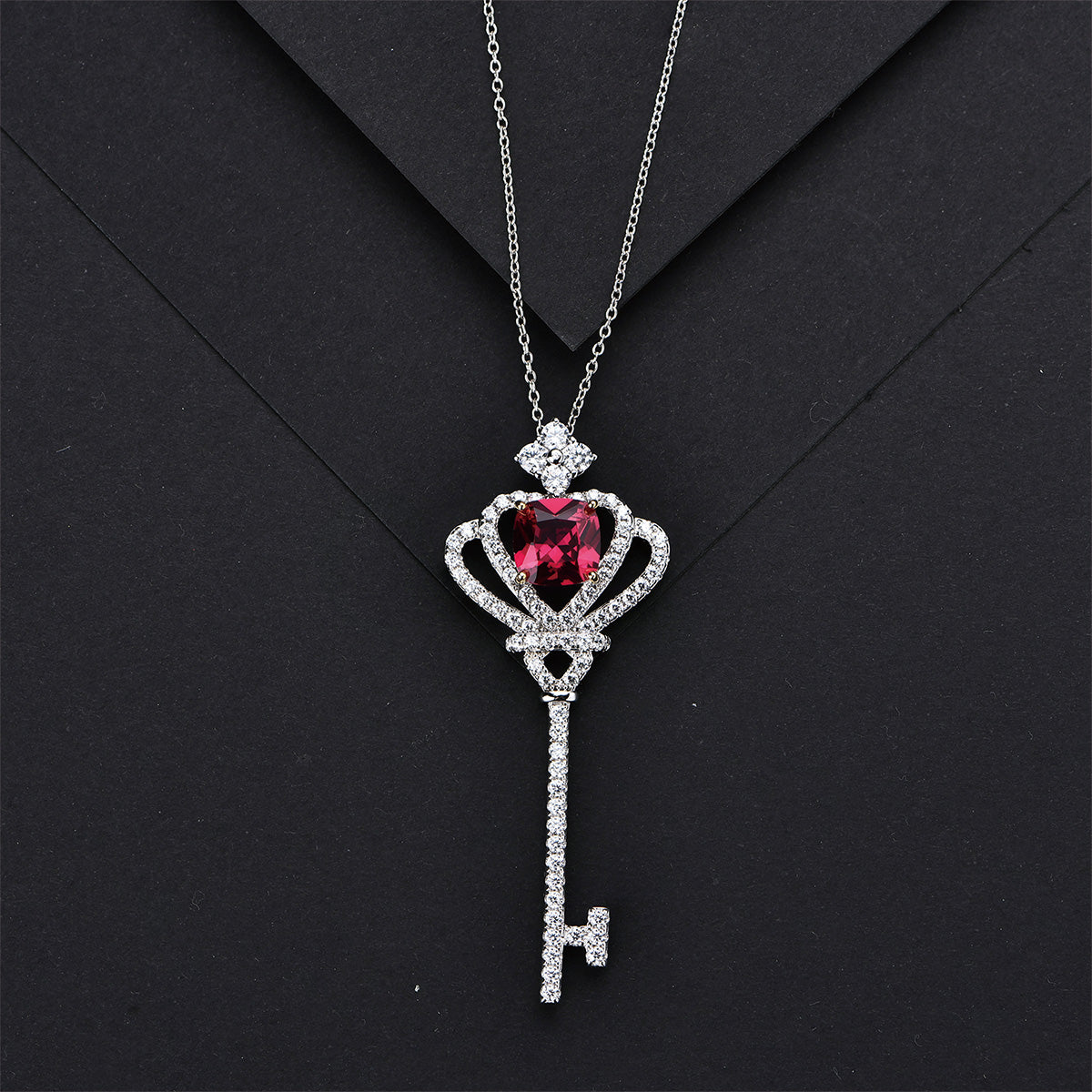 Sterling Silver Ruby Sapphire Key Shape Full Diamond Crown Pendant