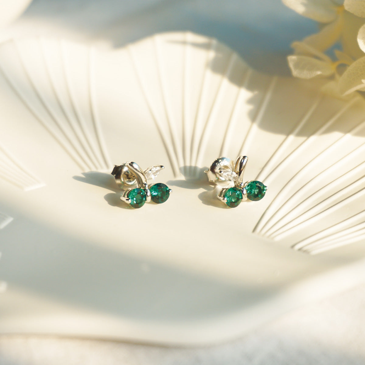 White Gold Cherry Shape Emerald Gem Stud Earrings