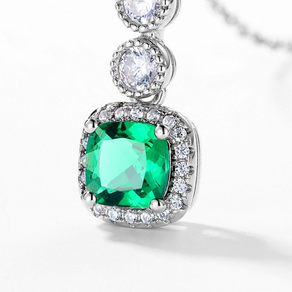 Triple Stones Cushion Shape Halo Emerald Chain