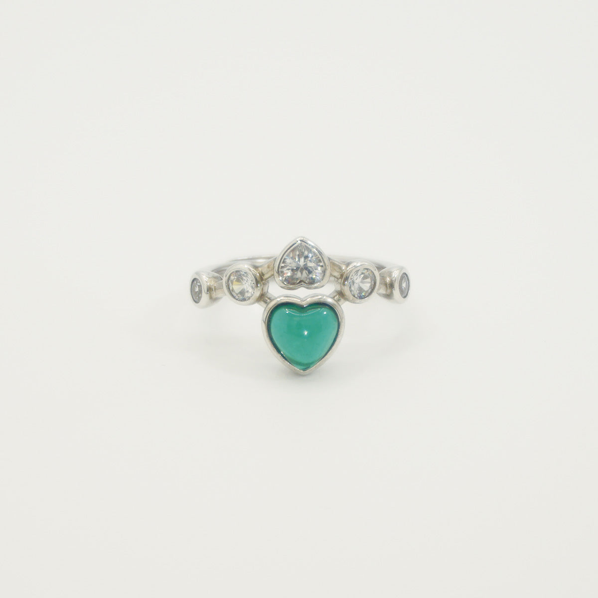 White Gold Double Heart Crown Shape Emerald Gem Adjustable Ring