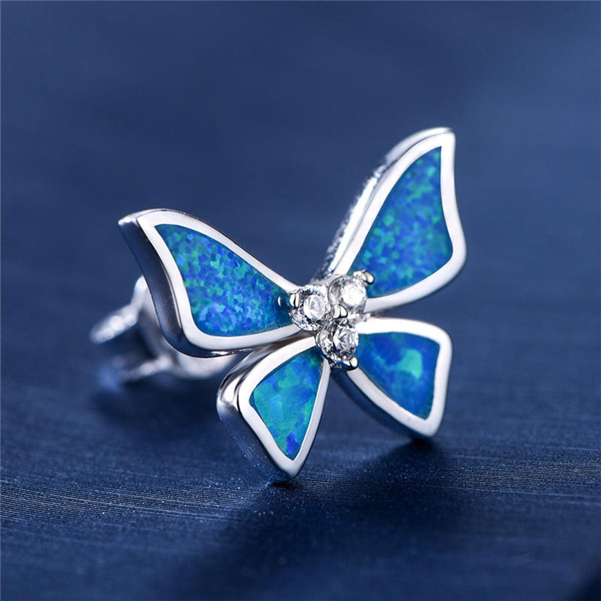 White Gold Butterfly Shape Blue Opal Stud Earrings