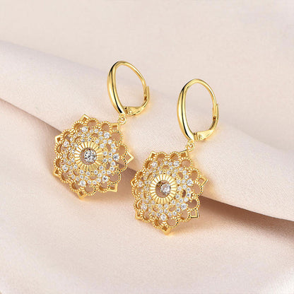 Gold Flower Shape Full Stones Hollow Dangle Earrings