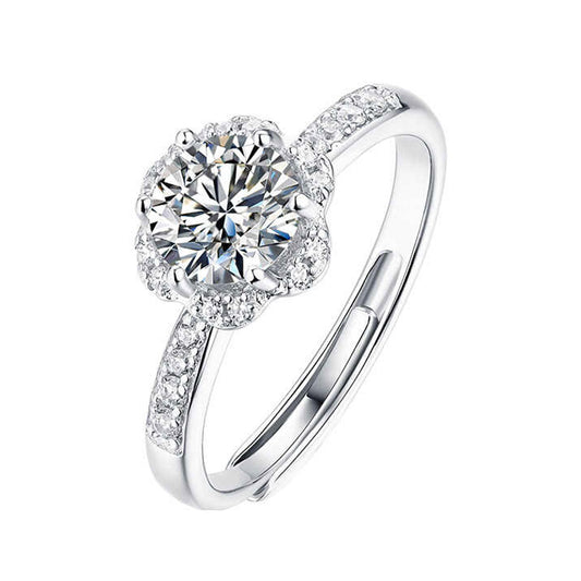 White Gold Flower Shape Adjustable Moissanite Ring