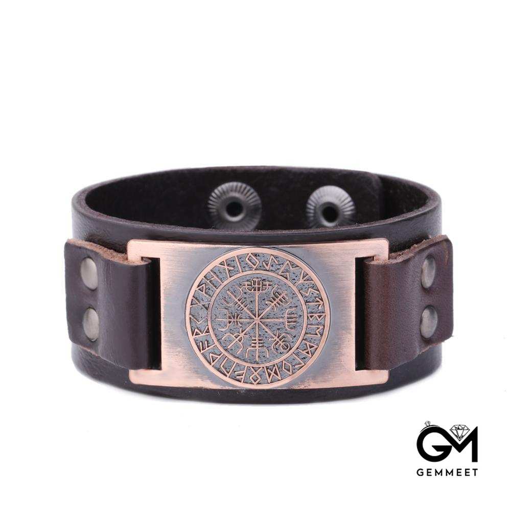 Wide Leather Odin Compass Bracelet