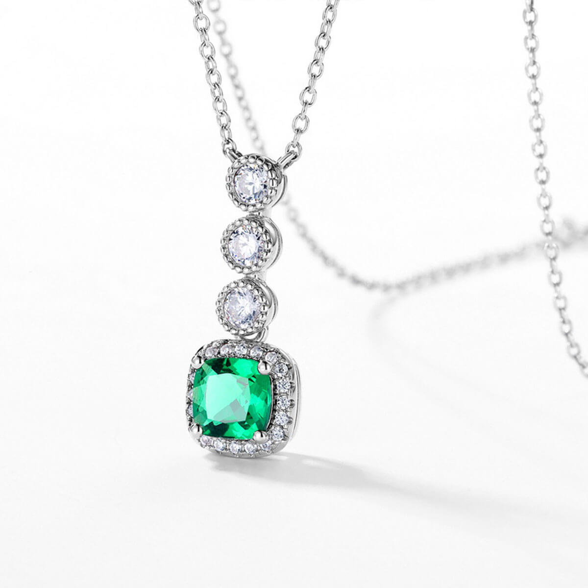 Triple Stones Cushion Shape Halo Emerald Chain