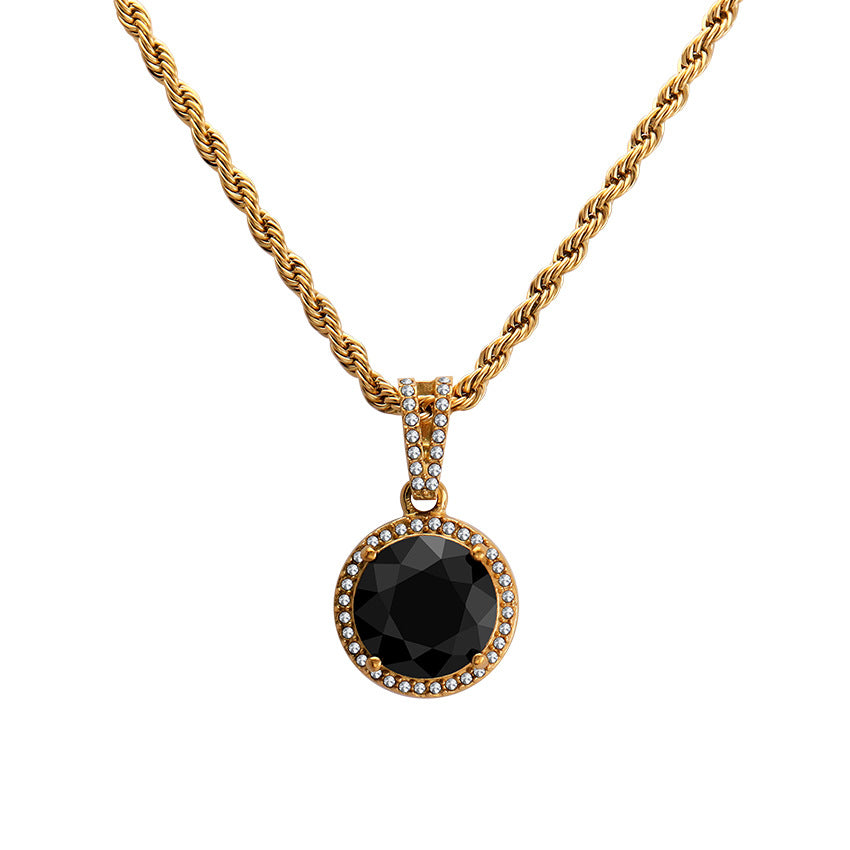 Retro Black Stone Halo Pendant Necklace