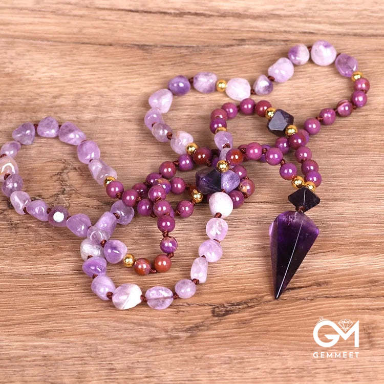 Purple Jade Amethyst  Beaded Mala Necklace