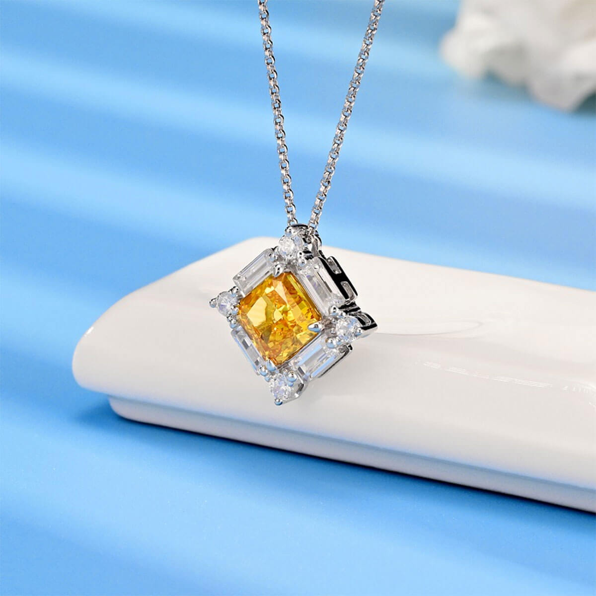 White Gold Square Cut Yellow Gem Halo Pendant Chain