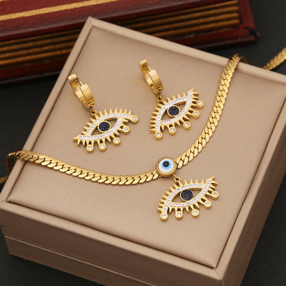 Hollow Evil Eye Cuban Link Bracelet Necklace & Earrings