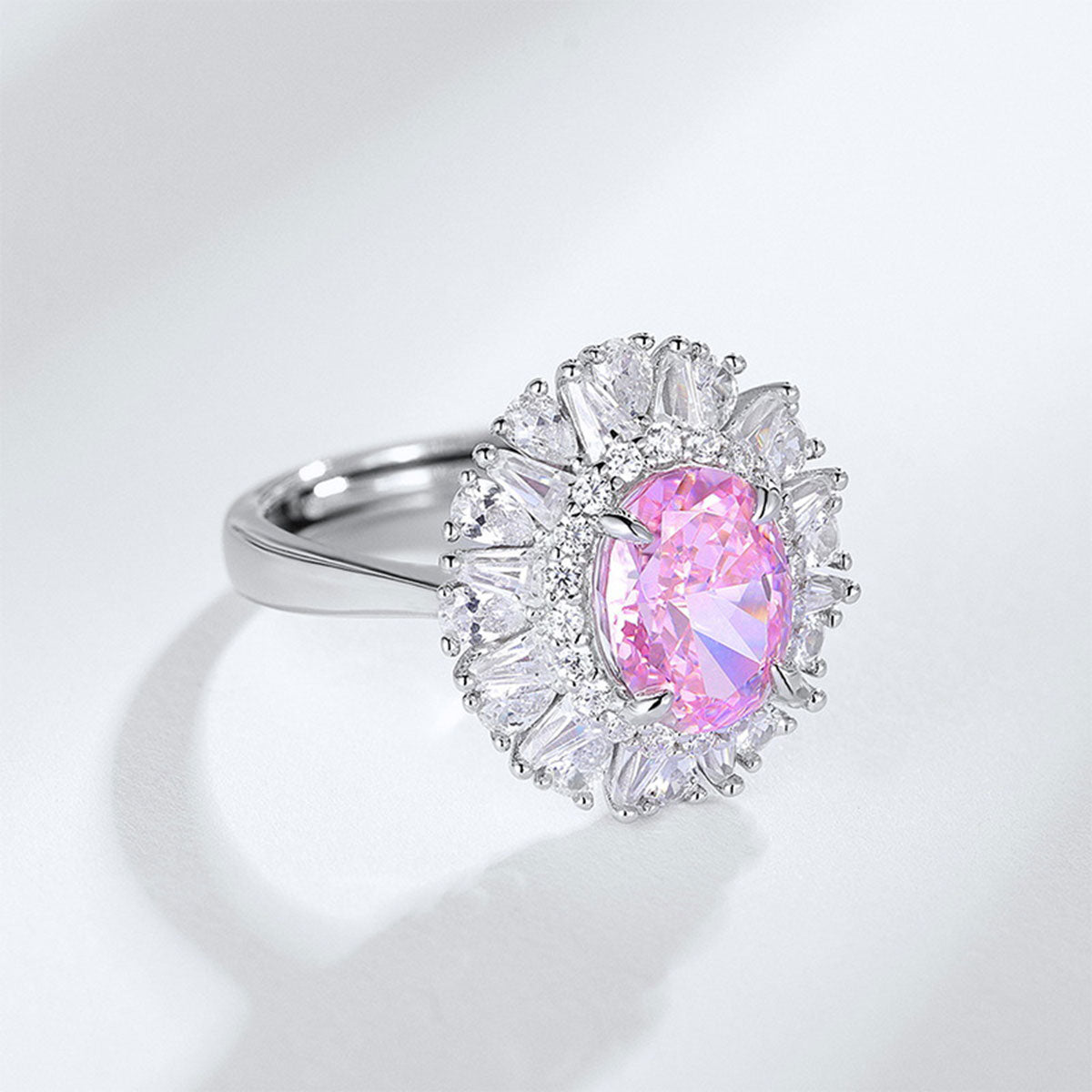 White Gold Emerald Cut Stones Pink Gem Halo Ring