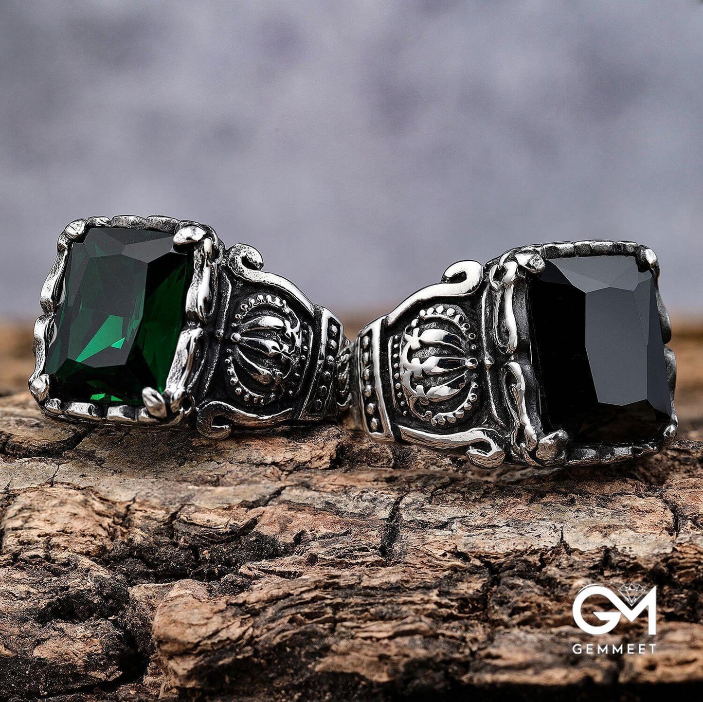 Black Green Zircon Crown Stainless Steel Ring