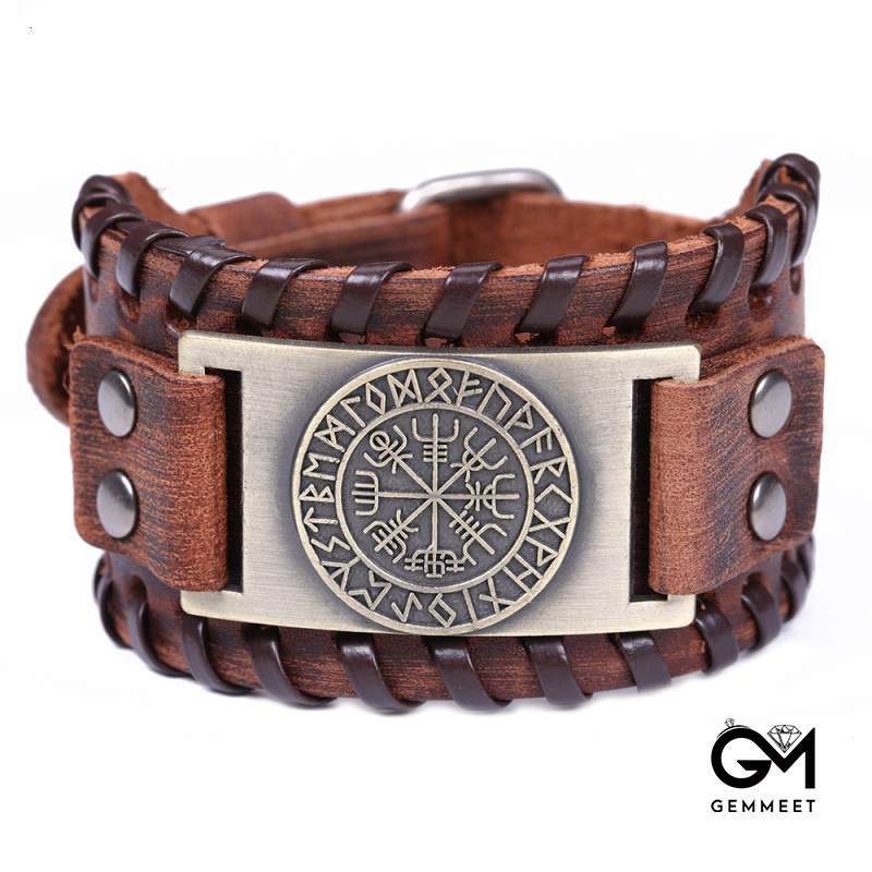 Wide Leather Odin Compass Bracelet