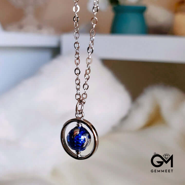 Rotating Blue Globe Enamel Necklace