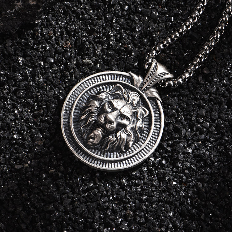 Sterling Silver Hip-Hop Round Male Lion Pendants Necklace