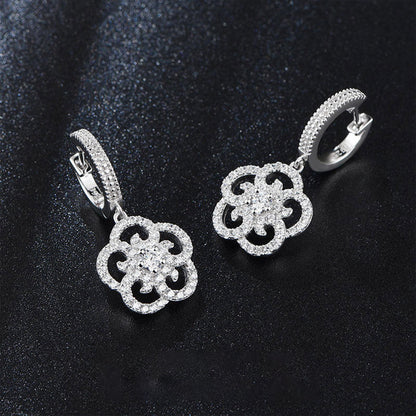 White Gold Hollow Flower Shape Full Stones Dangle Earrings