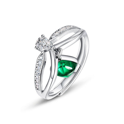 White Gold S925 Dangle Drip Emerald Hollow Adjustable Ring