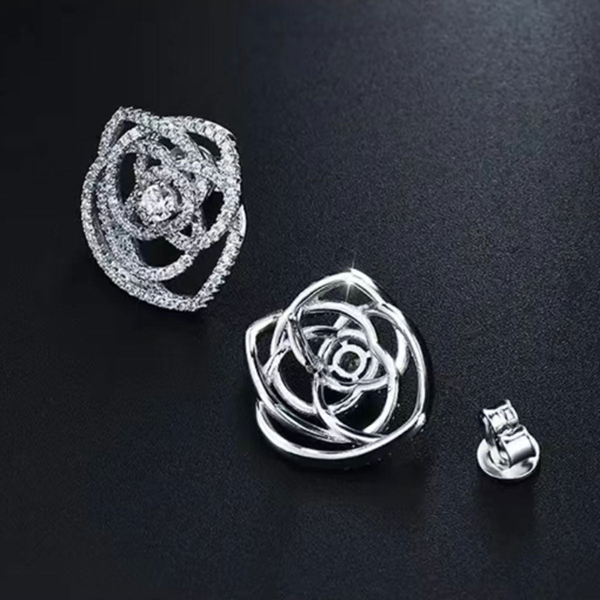 White Gold Rose Shape Full Stones Hollow Stud Earrings