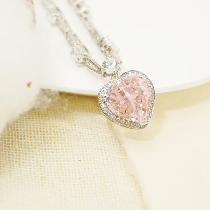 White Gold S925 Pink Gem Heart Stones Pendants Necklace