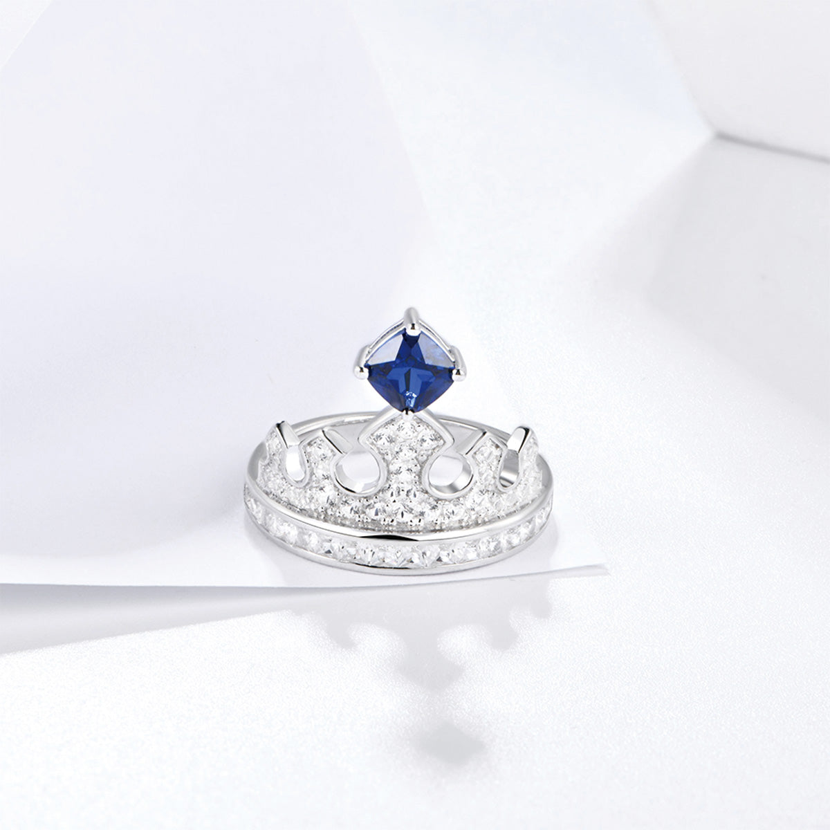 White Gold Square Blue Sapphire Crown Ring with Full Stones