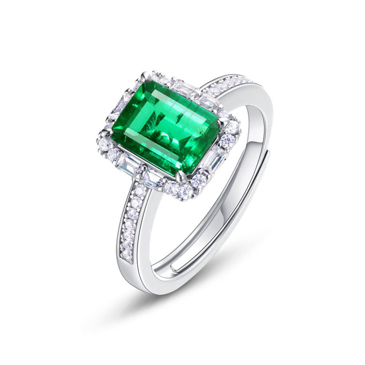 White Gold Rectangle Emerald Adjustable Halo Ring