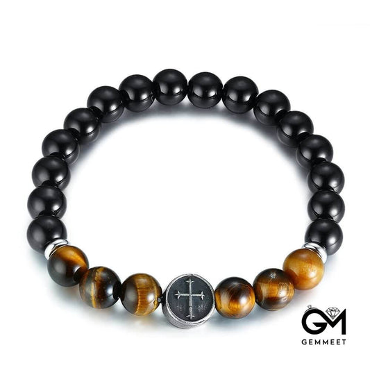 Tiger Eye Beaded Men Cross Bracelet