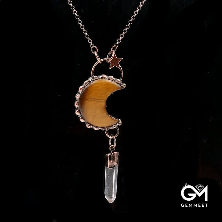 Crystal Moon Star Gemstone Pendant Necklace