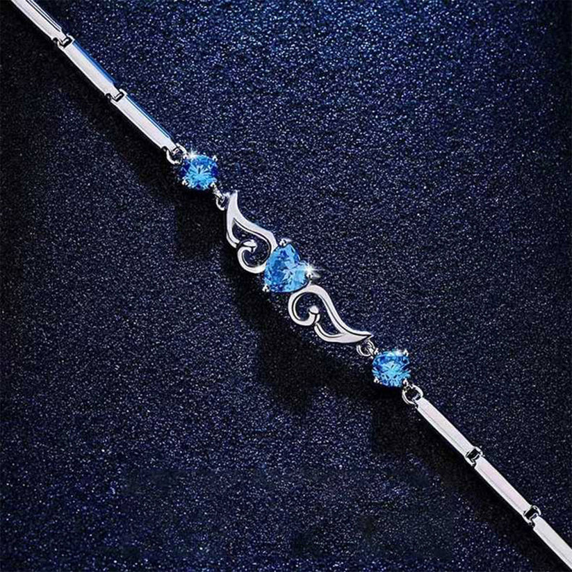 White Gold Angel Wings Heart Shape Blue Sapphire Bracelet