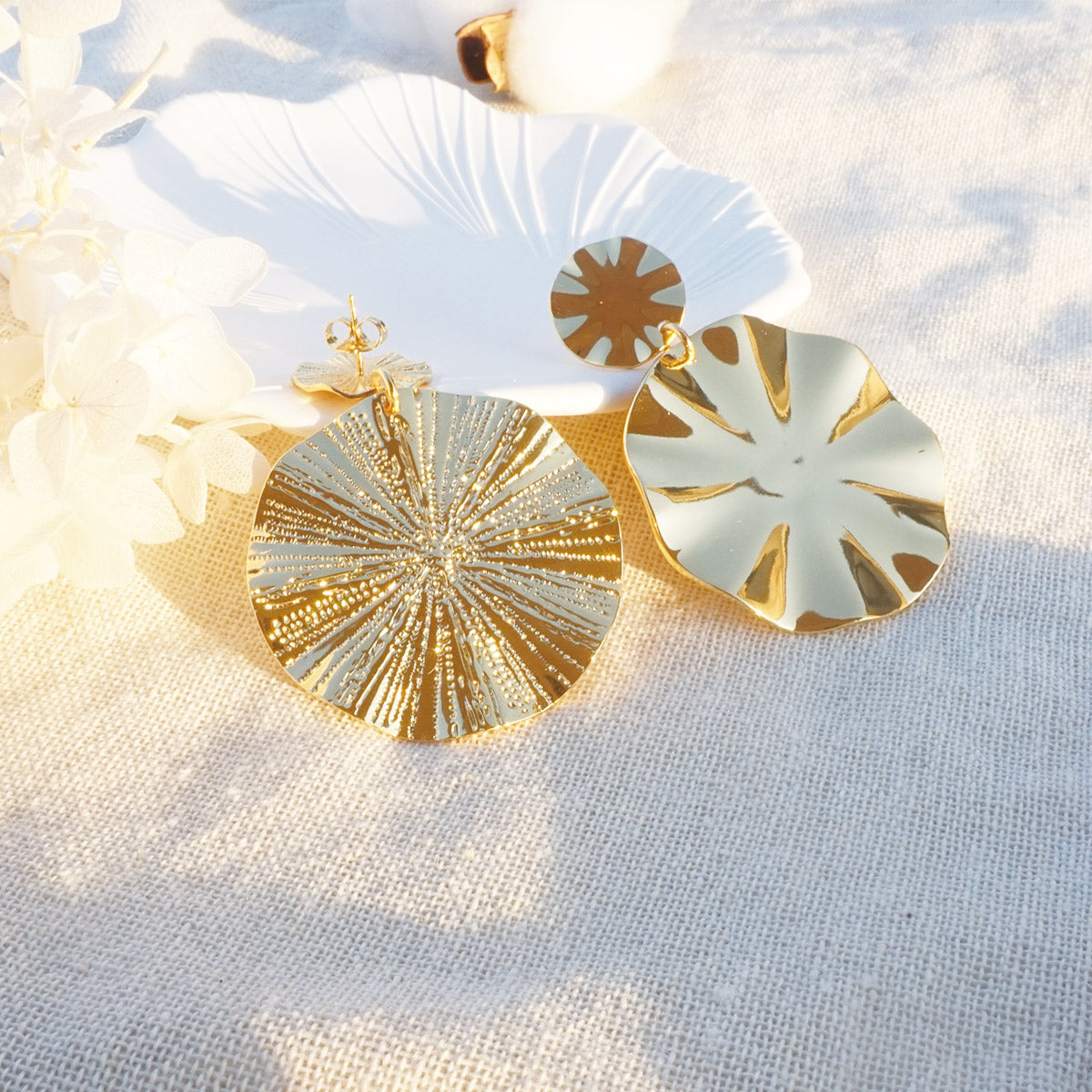 Wavy Textures Disc Gold Big Drop Earrings