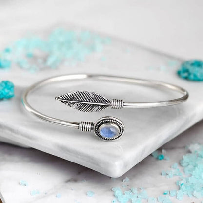 "New Life" - Feather Moonstone Bangle Bracelet