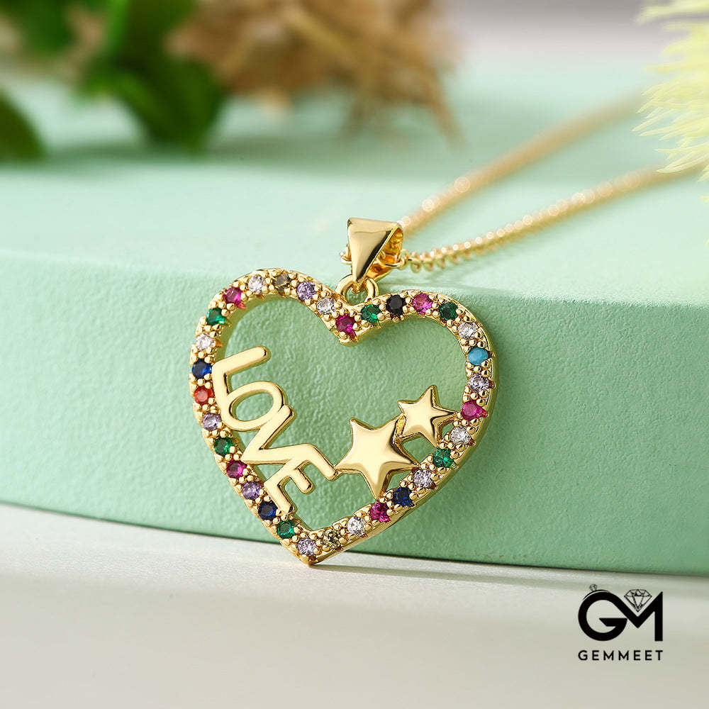 Color Stones Hollow Heart & Star Pendant Necklace