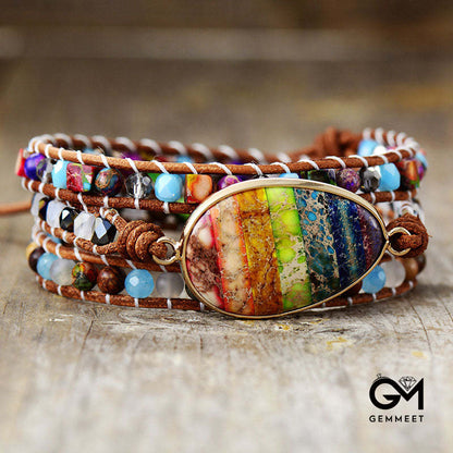 7-Color Imperial Stone Cow Leather Rope Wrap Bracelet