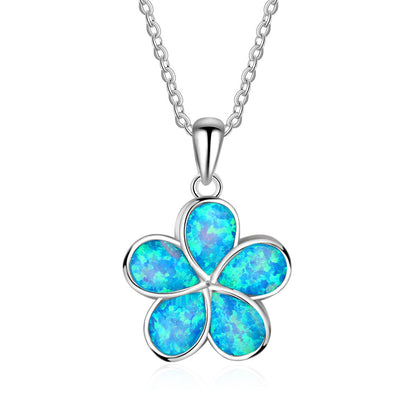 White Gold Flower Shape Blue Opal Pendants Chains