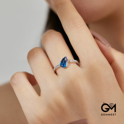 S925 Sterling Silver Blue Zircon Pear Shape Opening Ring