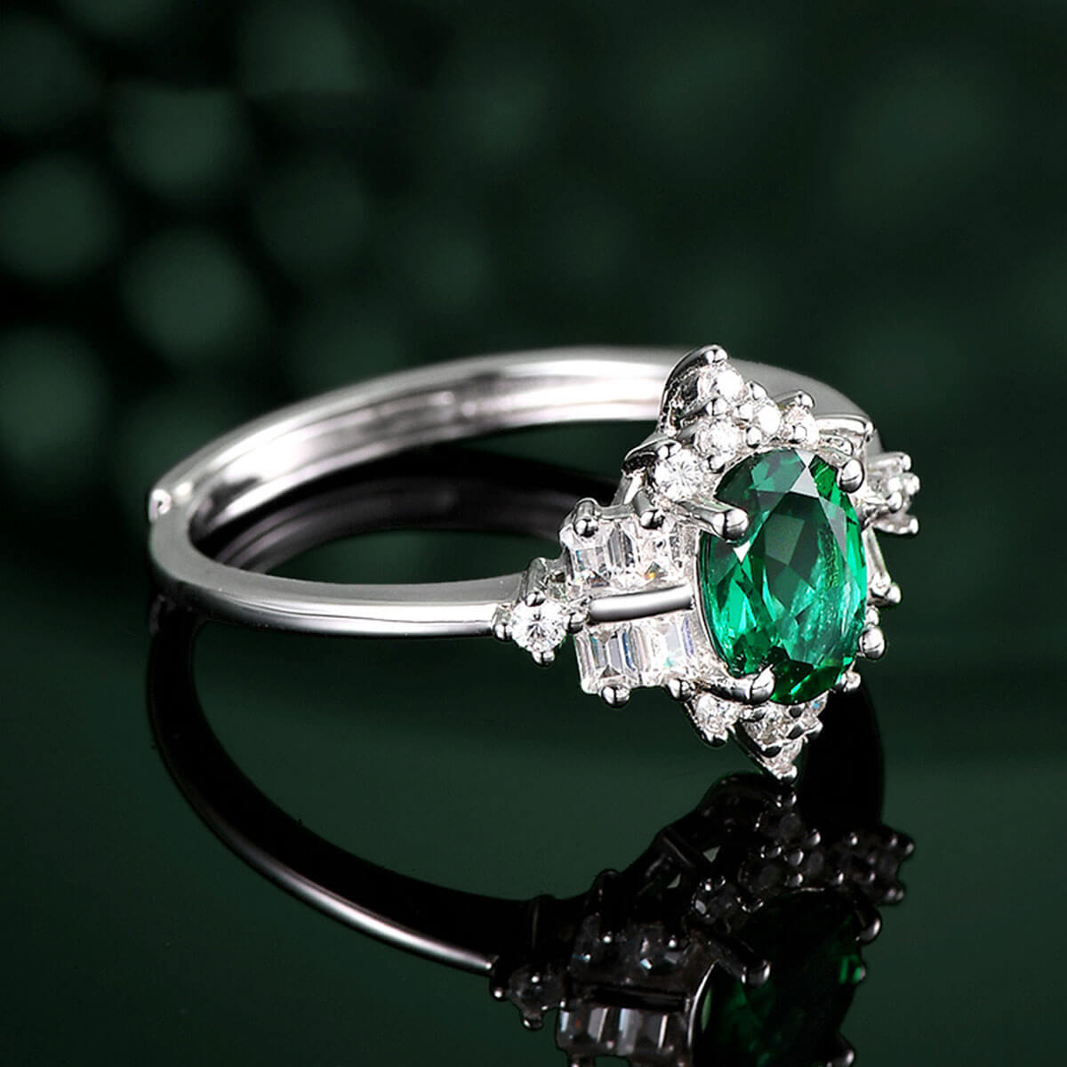 White Gold S925 Silver Olive Cut Emerald Ring