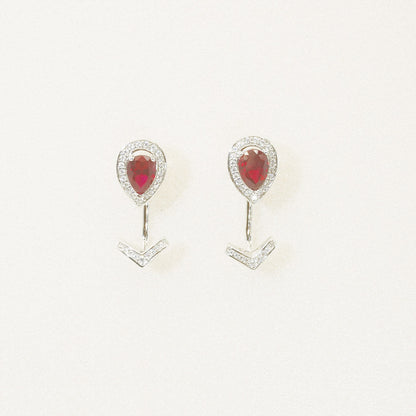 White Gold Pear Ruby Gem Arrow Shape Drop Earrings