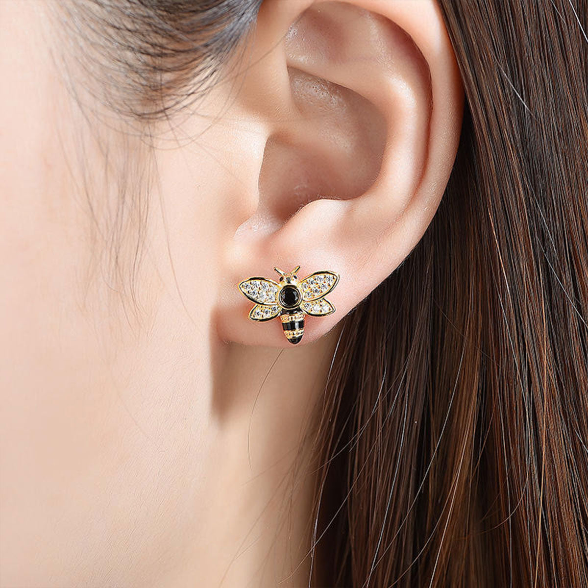 Gold Cute Bee Shape Full Stones Snap Stud Earrings