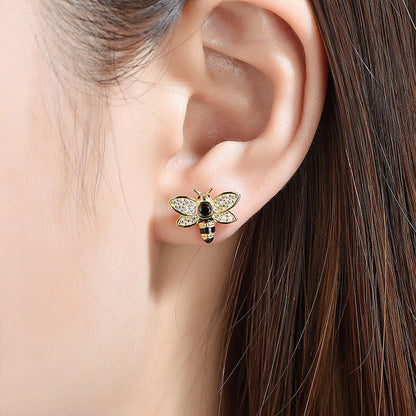 Gold Cute Bee Shape Full Stones Snap Stud Earrings