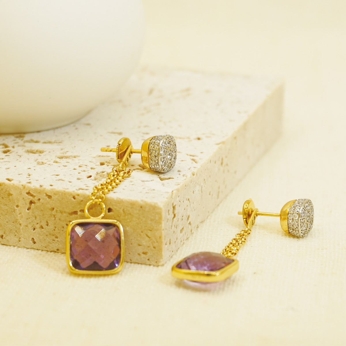 Gold Square Amethysts Stones Drop Earrings