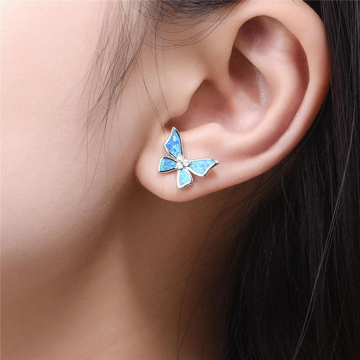 White Gold Butterfly Shape Blue Opal Stud Earrings