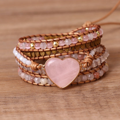 Heart Shape Rose Quartz Weave Beaded Bracelet